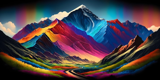 A colorful mountain landscape with a road going through it.