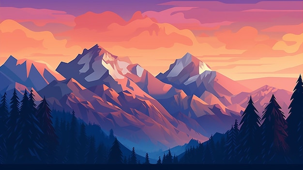 A colorful mountain landscape with a sunset in the background.