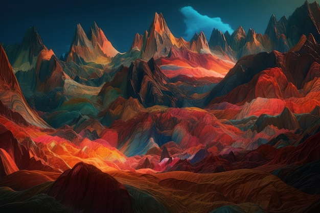 A colorful mountain landscape with a sunset in the background