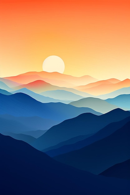 A colorful mountain landscape with a sunset in the background.