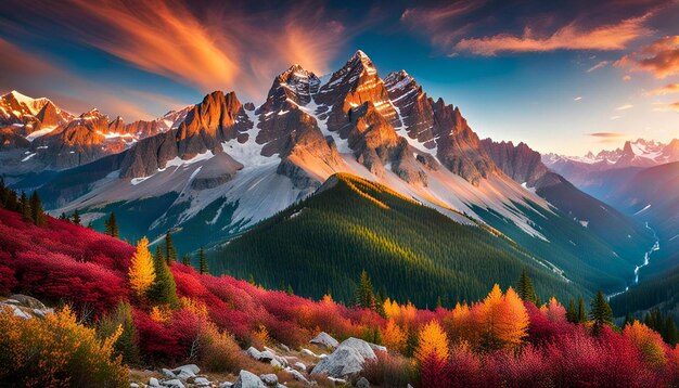 A colorful mountain landscape with trees and mountains in the background