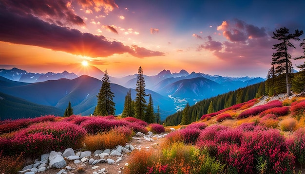 A colorful mountain landscape with trees and mountains in the background