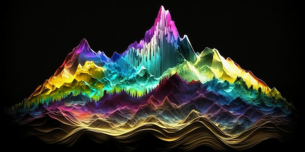 A colorful mountain range with a black background and a rainbow colored background.