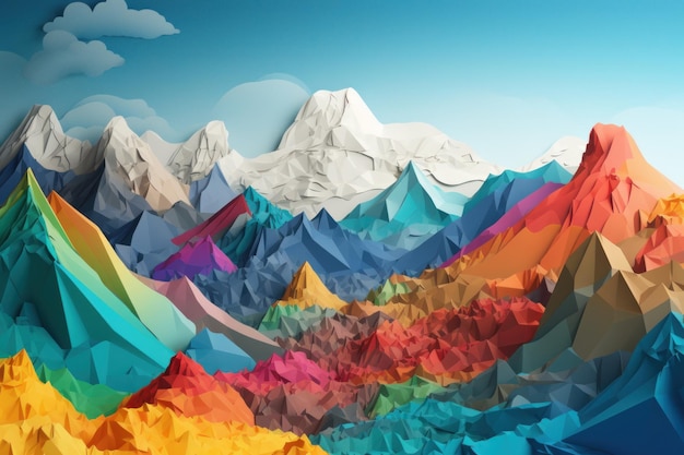 A colorful mountain range with a blue sky in the background.