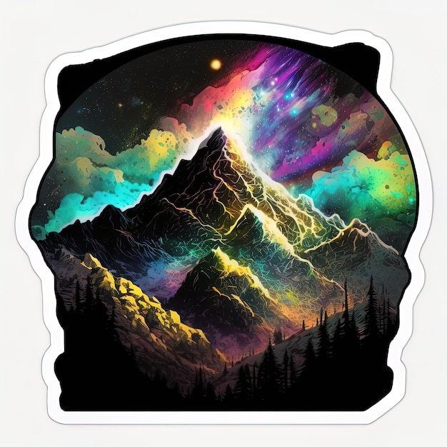 A colorful mountain with a dark sky and the moon above it.