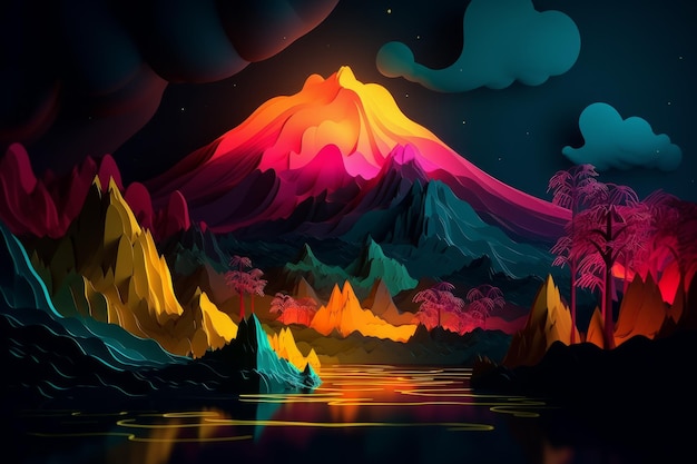 A colorful mountain with a lake in the middle