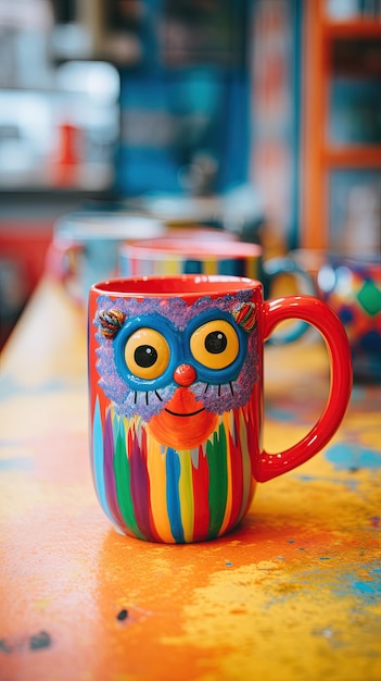 a colorful mug with an owl on the front is painted with colors