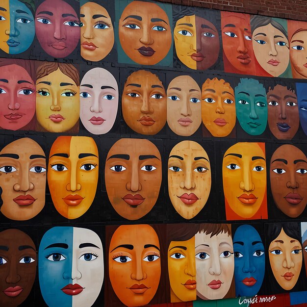 Photo a colorful mural celebrating diversity with faces from around the world