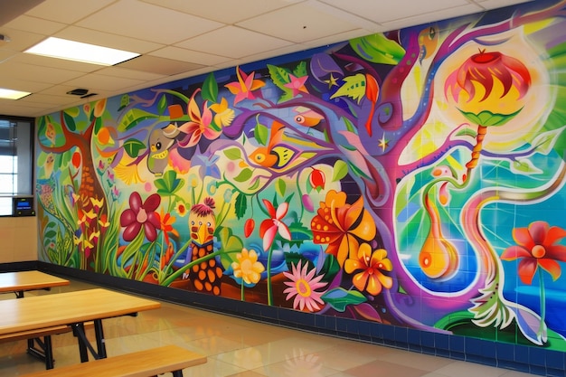 Colorful mural on classroom wall celebrating language diversity with vibrant and diverse illustrations Paint a mural celebrating the diversity of languages spoken in a school setting