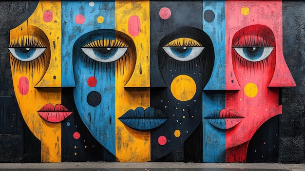 Colorful mural depicting abstract faces with expressive features