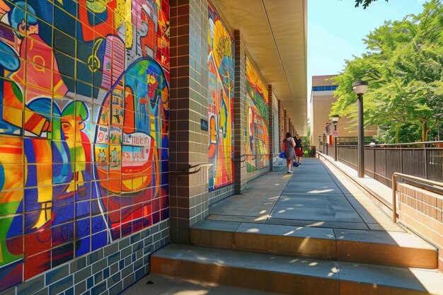 A colorful mural depicting the universitys history adorns a brick wall on campus A colorful mural depicting the universitys history