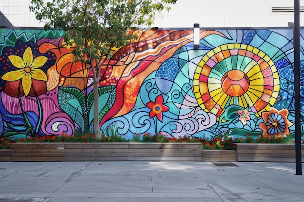 Colorful mural depicting vibrant patterns and designs on a building wall with lush greenery nearby during bright daylight