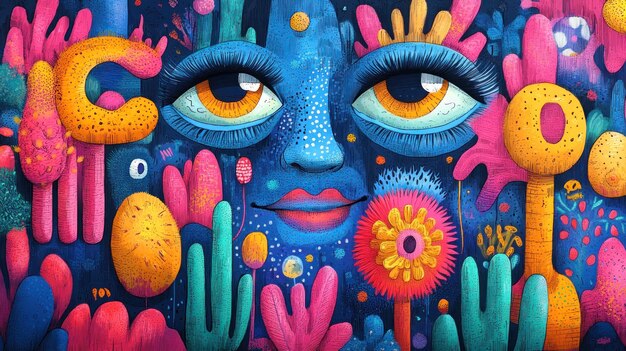 Colorful mural featuring a face surrounded by vibrant flora