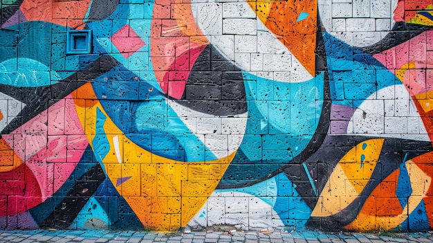 A colorful mural of geometric shapes painted on a brick wall