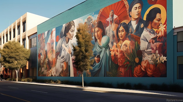 Colorful Mural of People and Flowers on a Modern Building