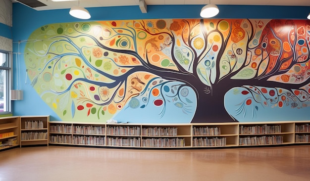 a colorful mural of a tree is painted on a wall