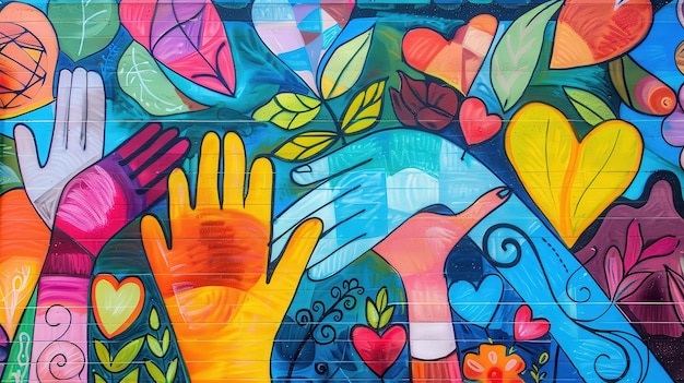 Colorful mural with hands and hearts