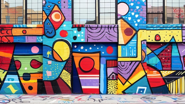 A colorful mural with a lot of different shapes and colors