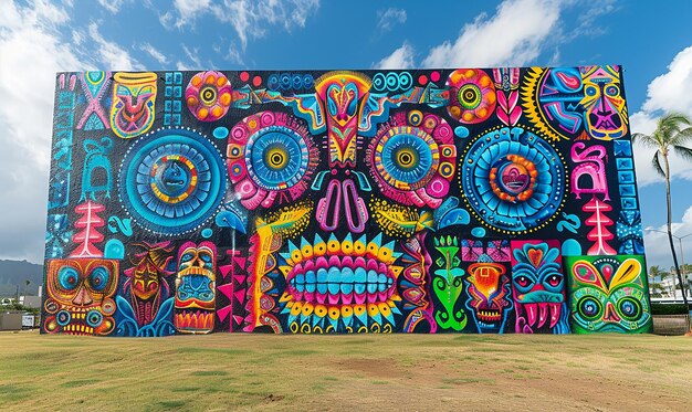 a colorful mural with a skull and other colorful characters on it