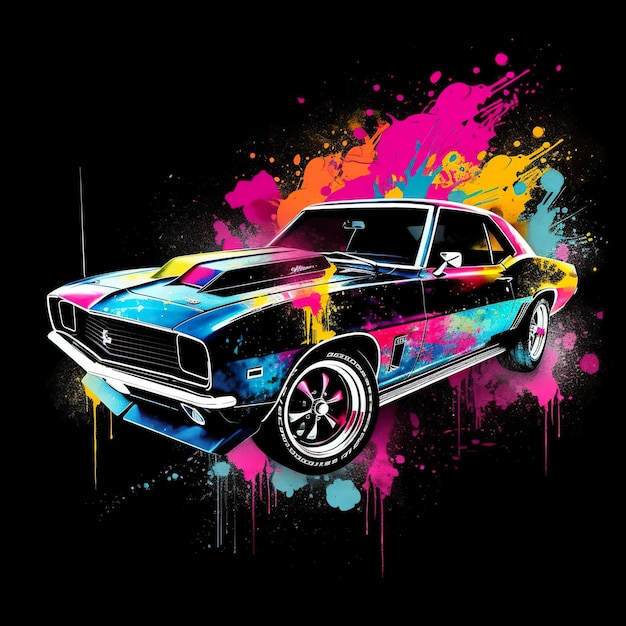 A colorful muscle car on a black background generative ai image