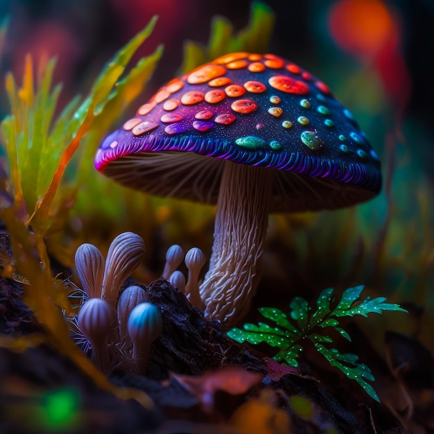 Colorful mushroom is sitting on the ground in the dark Generative AI