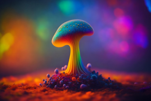 a colorful mushroom with a colorful blue and yellow top and purple and orange dots on the bottom