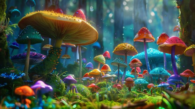 a colorful mushroom with mushrooms and mushrooms in a forest