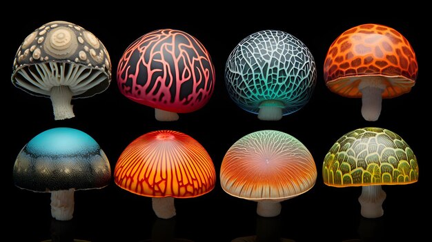 Photo colorful mushrooms are displayed on a black background