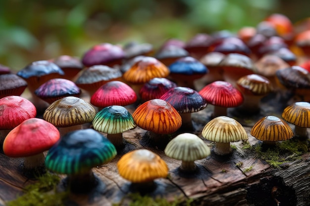 Colorful mushrooms on wooden table Generative AI