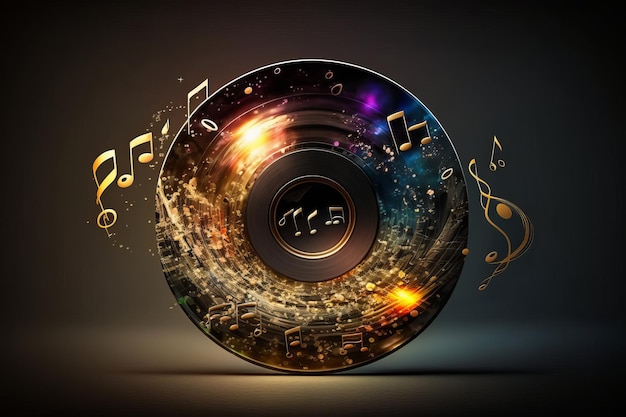 Colorful music notes background with sheet music disc and treble clef Illustration AI Generative