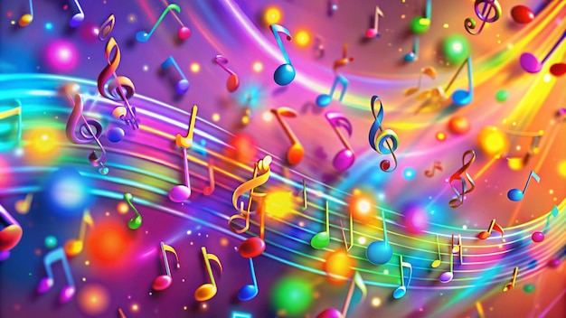 Photo colorful music notes and glowing orbs on an abstract background