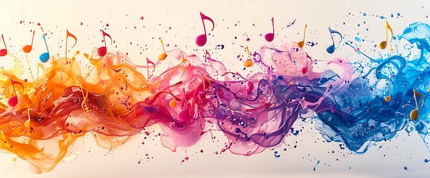 Colorful music notes splash in a wave of vibrant paint