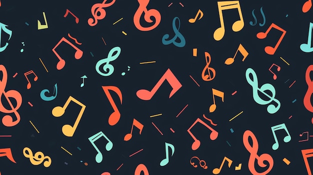 Colorful musical notes and clefs on a dark blue background