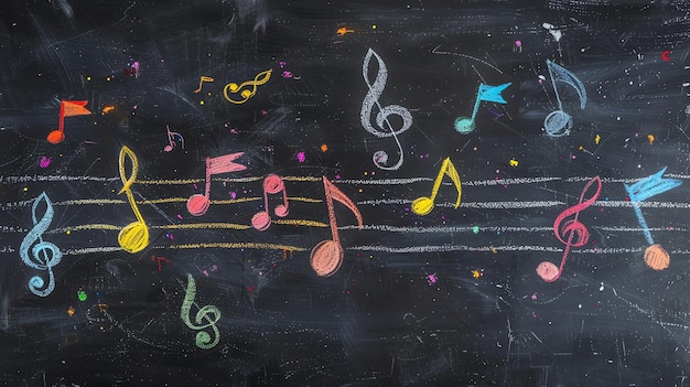 Colorful musical notes drawn on a black chalkboard