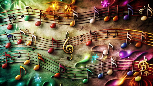 Colorful musical notes on a textured background