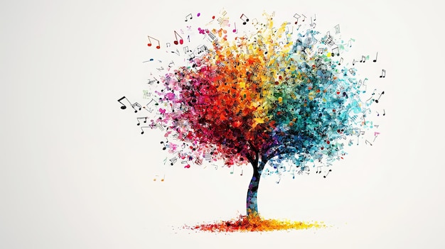 A colorful musical tree with music notes and vibrant branches