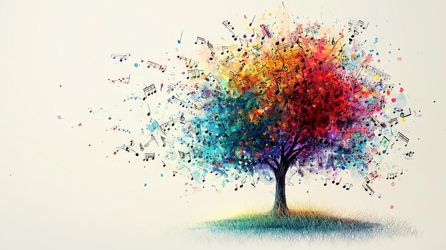 Colorful musical tree with notes spreading outward