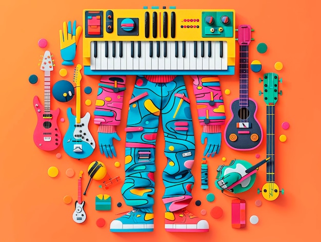 Colorful musicthemed artwork with a figure made of instruments on an orange background depicting a concept of creativity Generative AI