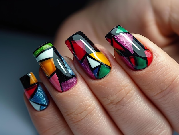 a colorful nail art design with a rainbow design