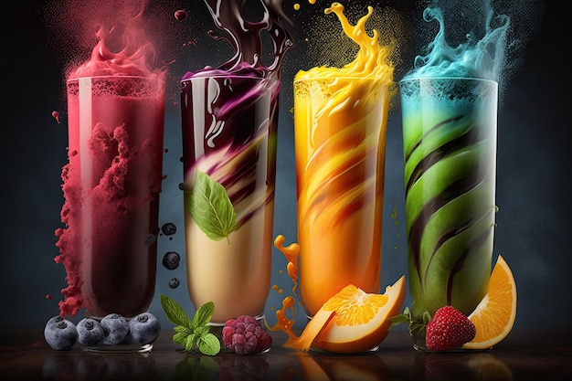 Photo colorful natural fruit smoothies with different flavors beautiful illustration generated by ai