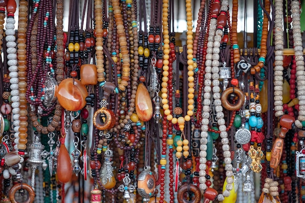 Colorful necklaces made of stones and beads