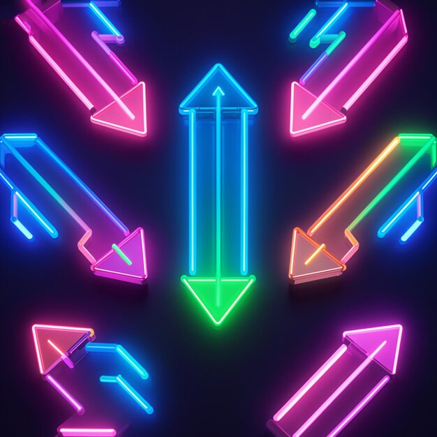 Photo colorful neon arrows pointing down against a dark background