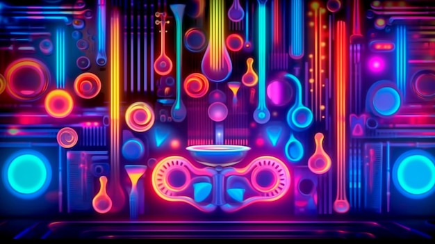 Colorful neon background musical style theme abstract musical instruments 3d layout Generative AI