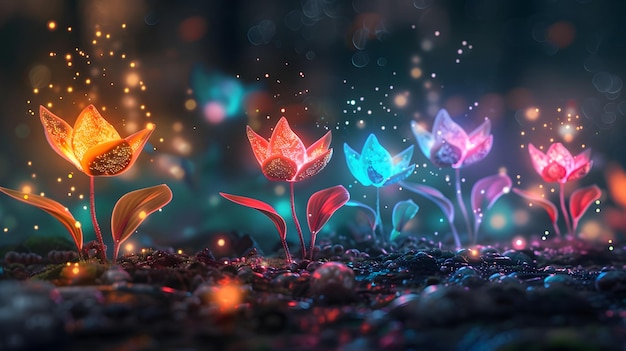 Photo colorful neon flowers in darkness