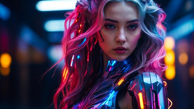 Colorful Neon Glow Shines On Beautiful Woman In Cyber Armor