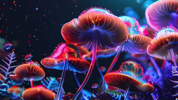 Colorful Neon Mushrooms Mushroom background High quality AI generated image