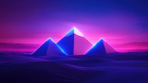 Photo colorful neon pyramids illuminated under a starry night sky in a dreamlike landscape