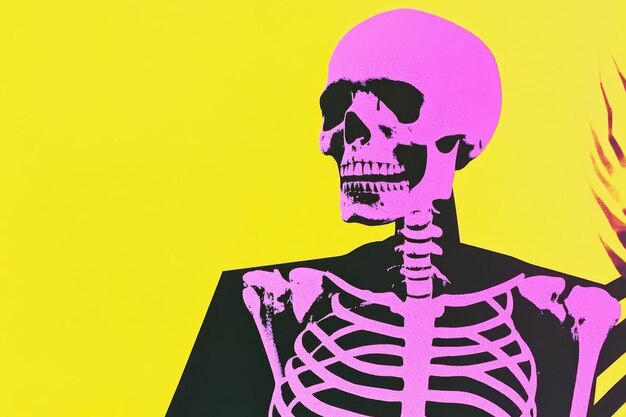 Colorful neon skeleton art on vibrant yellow background