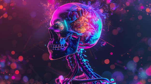 Colorful neon skull with brain illustration A vivid digital artwork of a skull with a visible brain in neon colors amidst a dark background with sparkles