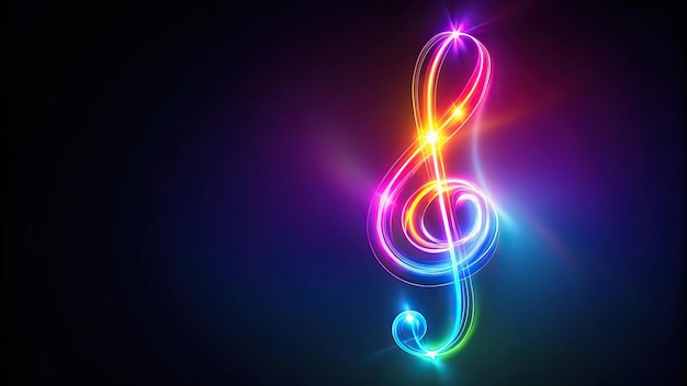 Photo colorful neon treble clef with swirling light effects in forced perspective